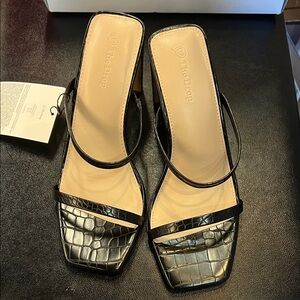 The Drop Black and Silver Croc-Embossed Heels